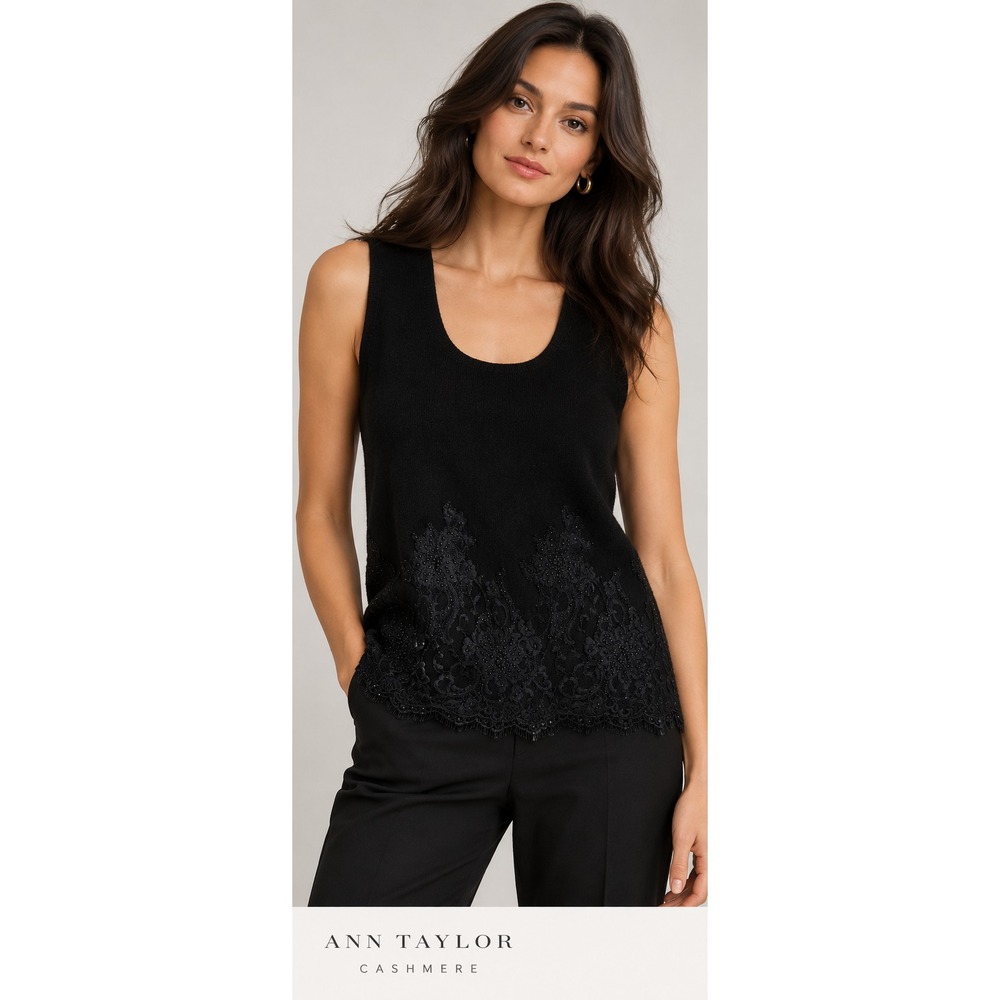 Ann Taylor 100% Cashmere Scoop Neck Tank Top M Black Beaded Lace Trim Feminine